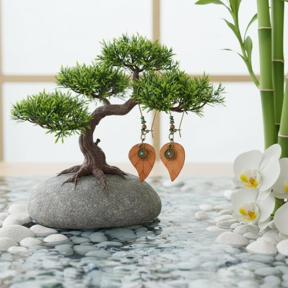 🆕️Rustic Boho Chic Wooden Leaf Earrings with Copper Beads & Turquoise Charm - Picture 11 of 11